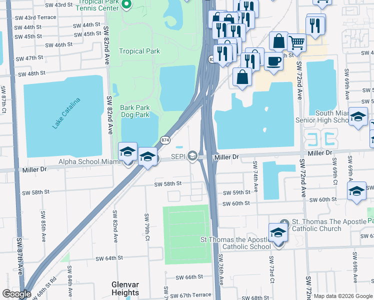 map of restaurants, bars, coffee shops, grocery stores, and more near 5500 Southwest 77th Court in Miami