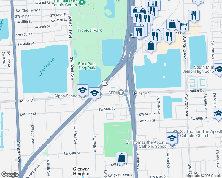 map of restaurants, bars, coffee shops, grocery stores, and more near 7851 Miller Drive in Miami