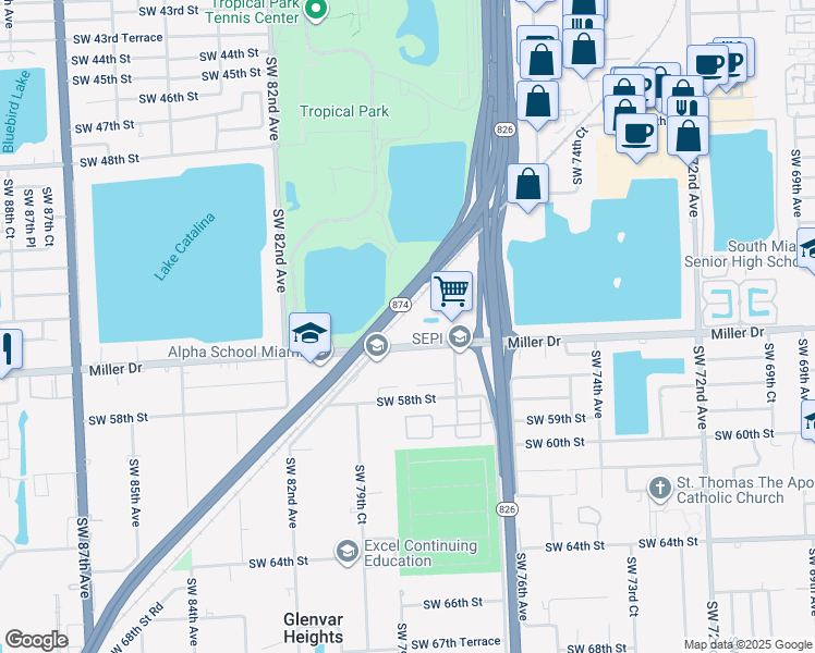 map of restaurants, bars, coffee shops, grocery stores, and more near 7851 Miller Drive in Miami
