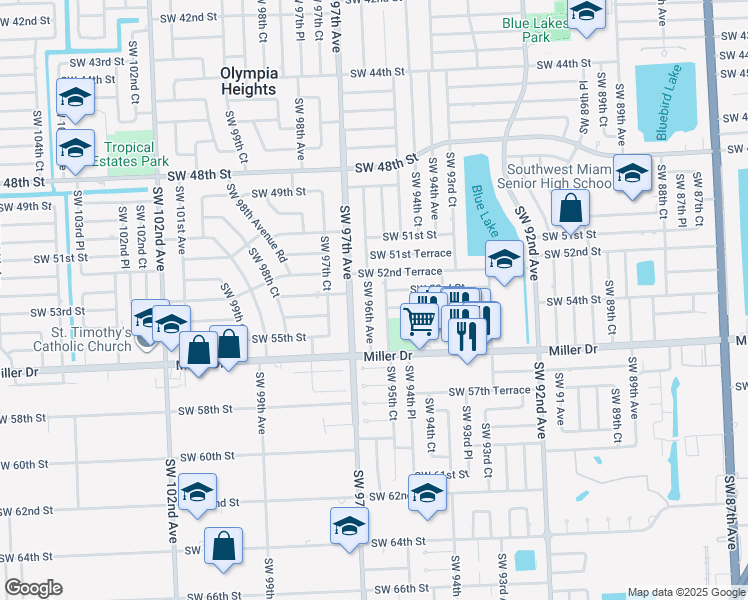 map of restaurants, bars, coffee shops, grocery stores, and more near 5310 Southwest 96th Avenue in Miami