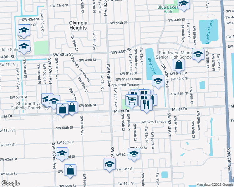 map of restaurants, bars, coffee shops, grocery stores, and more near 5310 Southwest 96th Avenue in Miami