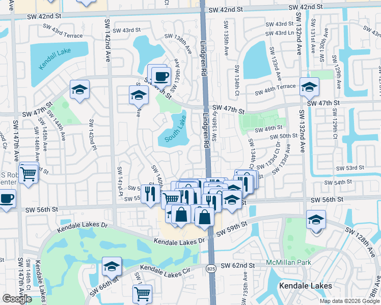map of restaurants, bars, coffee shops, grocery stores, and more near 5010 Southwest 138th Avenue Circle in Miami