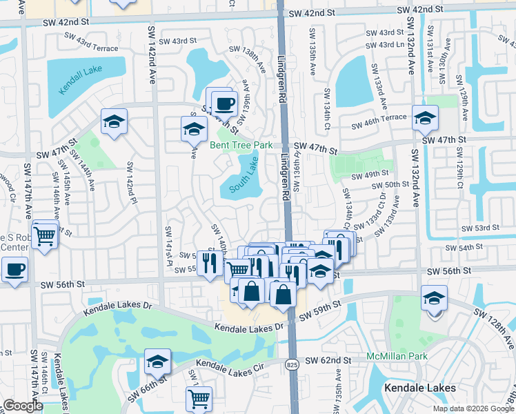 map of restaurants, bars, coffee shops, grocery stores, and more near 5010 Southwest 138th Avenue Circle in Miami