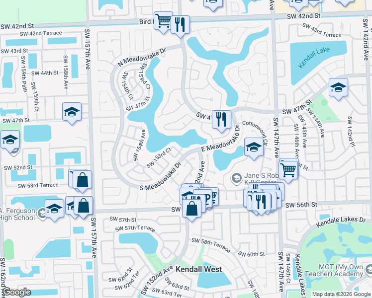 map of restaurants, bars, coffee shops, grocery stores, and more near 5235 Southwest 153rd Avenue in Miami