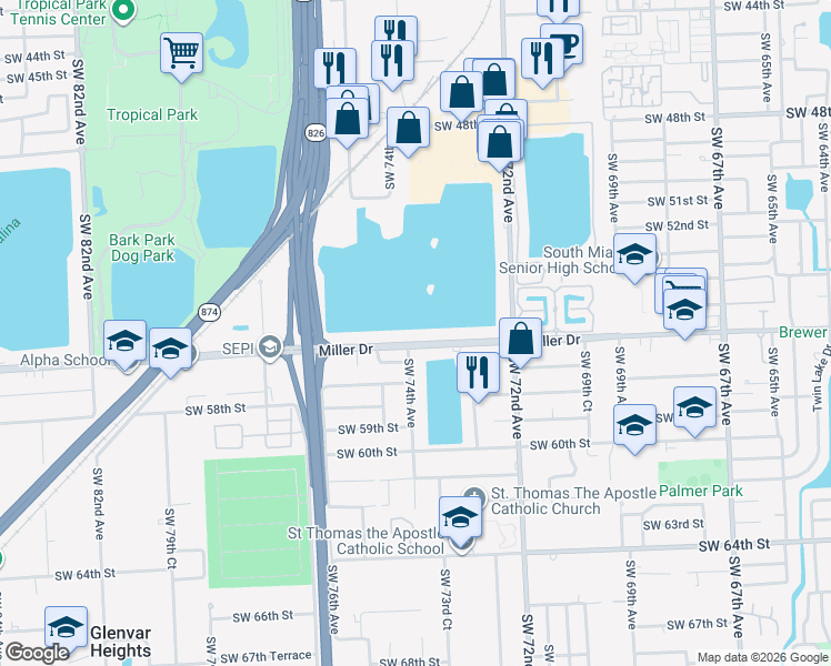 map of restaurants, bars, coffee shops, grocery stores, and more near 7381 Miller Drive in Miami