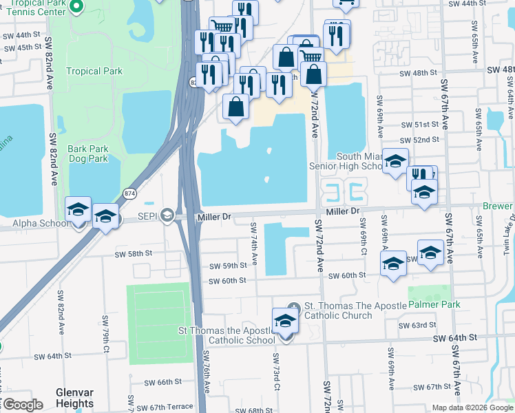 map of restaurants, bars, coffee shops, grocery stores, and more near 7381 Miller Drive in Miami