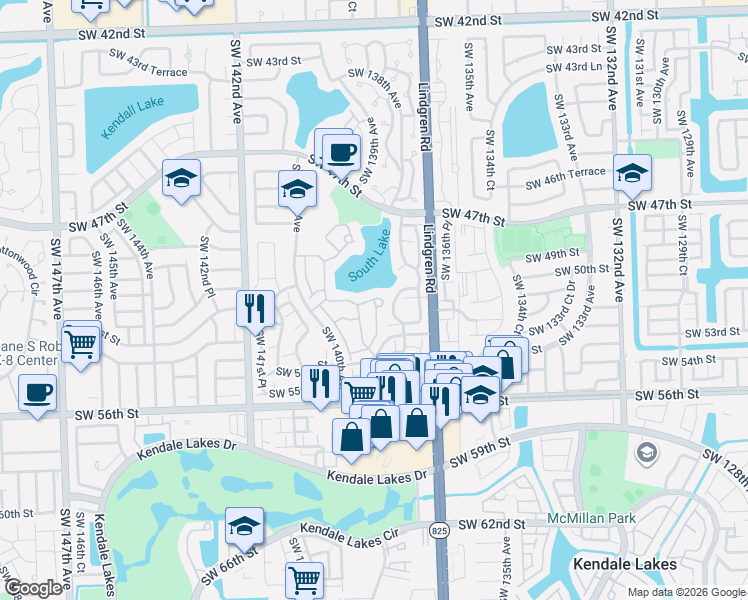 map of restaurants, bars, coffee shops, grocery stores, and more near 9475 Southwest 52nd Lane in Miami