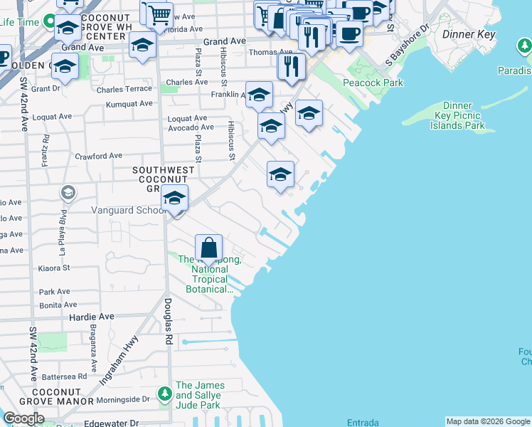 map of restaurants, bars, coffee shops, grocery stores, and more near 3399 Poinciana Avenue in Miami