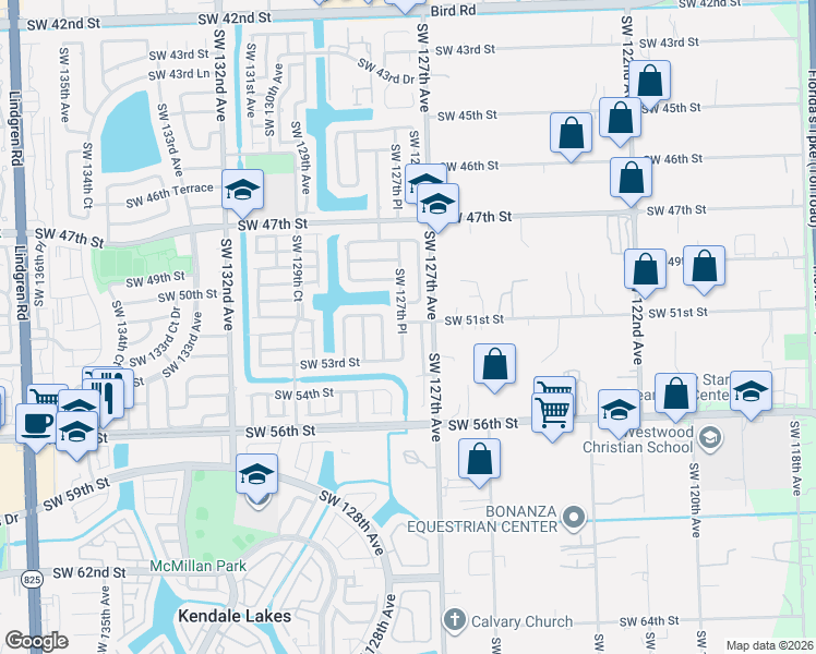 map of restaurants, bars, coffee shops, grocery stores, and more near 12750 Southwest 50th Terrace in Miami