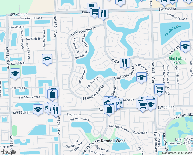 map of restaurants, bars, coffee shops, grocery stores, and more near 5246 Southwest 153rd Court in Miami