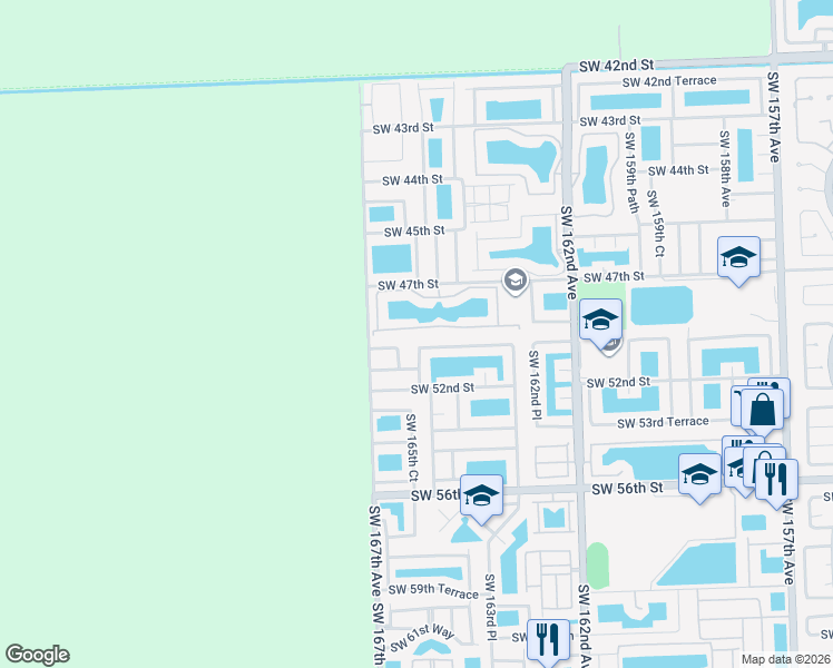 map of restaurants, bars, coffee shops, grocery stores, and more near 16537 Southwest 48th Terrace in Miami