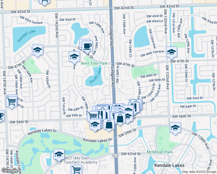 map of restaurants, bars, coffee shops, grocery stores, and more near 5010 Southwest 138th Avenue Circle in Miami