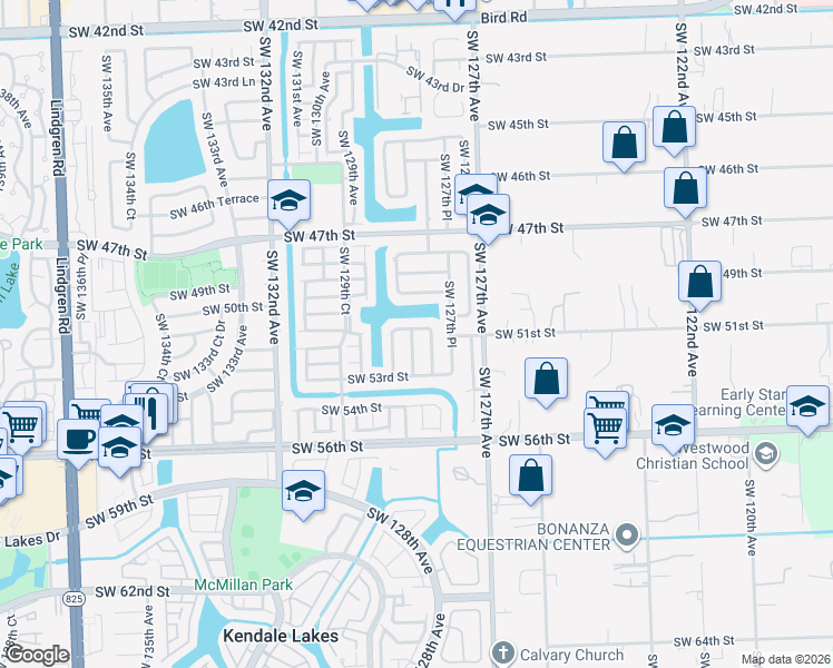 map of restaurants, bars, coffee shops, grocery stores, and more near 12825 Southwest 50th Lane in Miami