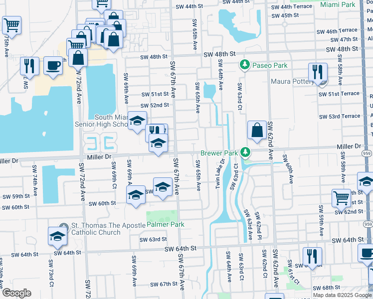 map of restaurants, bars, coffee shops, grocery stores, and more near 5510 Southwest 65th Court in Miami