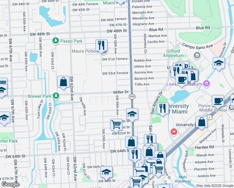 map of restaurants, bars, coffee shops, grocery stores, and more near Southwest 58th Avenue in Miami-Dade County