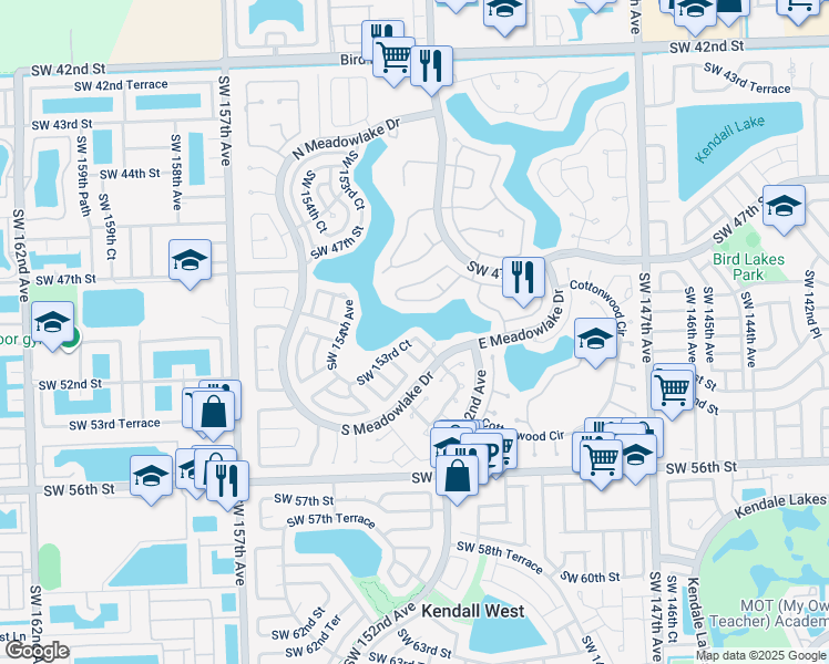map of restaurants, bars, coffee shops, grocery stores, and more near 5246 Southwest 153rd Court in Miami