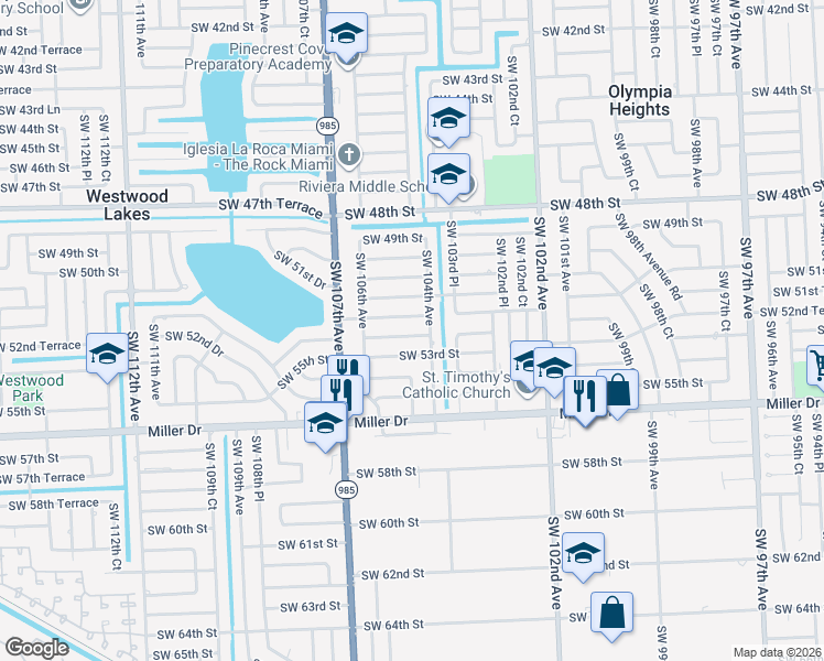 map of restaurants, bars, coffee shops, grocery stores, and more near 10410 Southwest 52nd Street in Miami