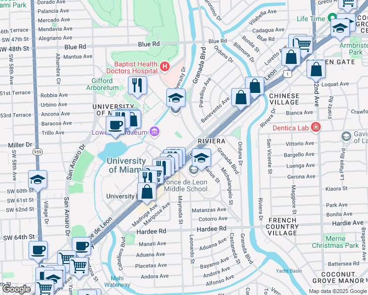 map of restaurants, bars, coffee shops, grocery stores, and more near 5101 Ponce de Leon in Coral Gables