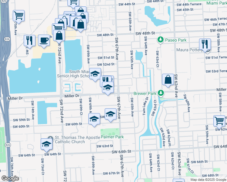 map of restaurants, bars, coffee shops, grocery stores, and more near 5500 Southwest 67th Avenue in Miami
