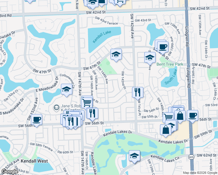map of restaurants, bars, coffee shops, grocery stores, and more near 4925 Southwest 144th Avenue in Miami