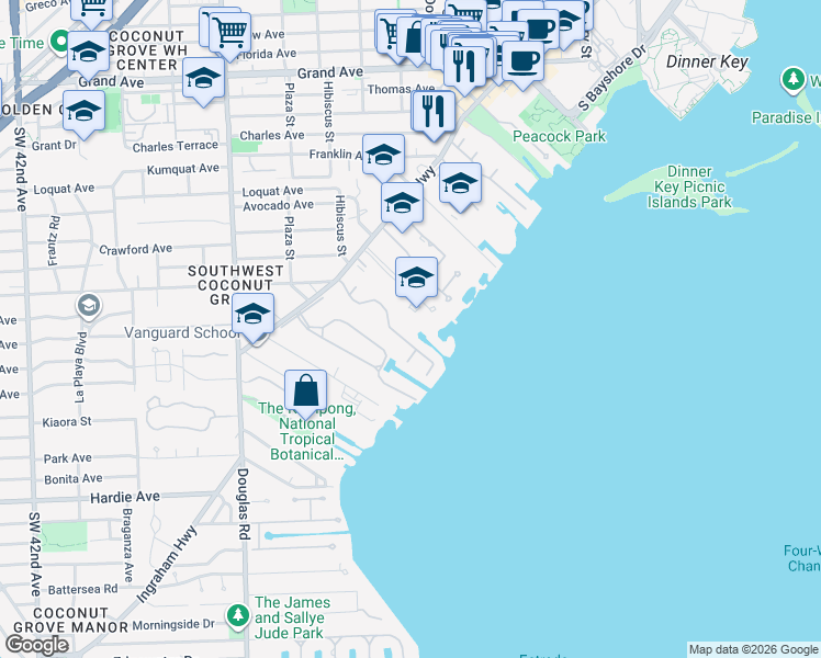 map of restaurants, bars, coffee shops, grocery stores, and more near 3399 Poinciana Avenue in Miami