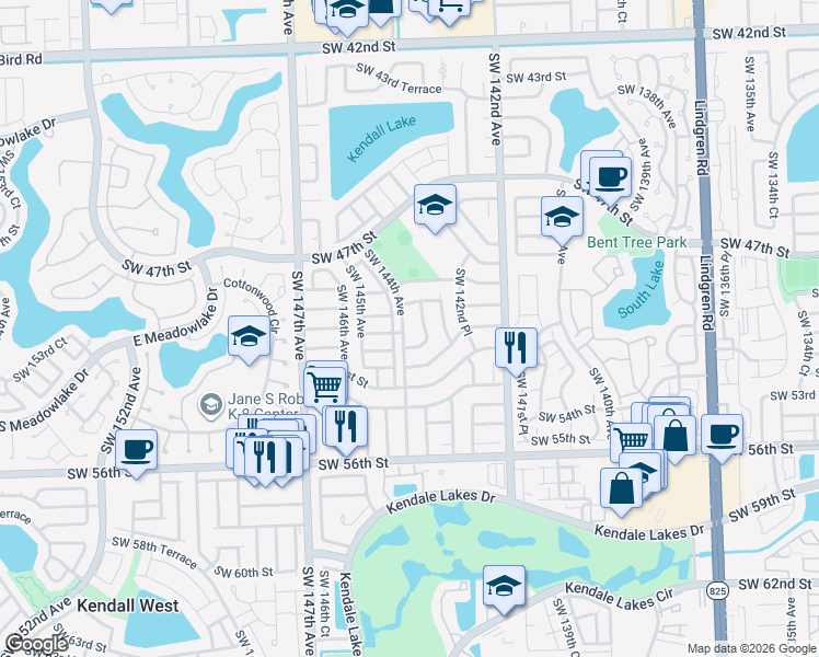 map of restaurants, bars, coffee shops, grocery stores, and more near 4925 Southwest 144th Avenue in Miami