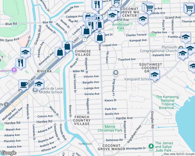 map of restaurants, bars, coffee shops, grocery stores, and more near 410 Vittorio Avenue in Coral Gables