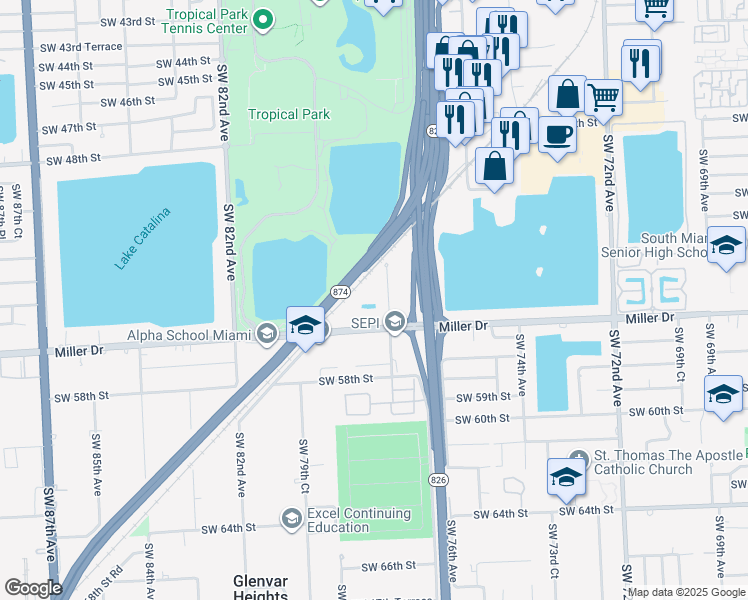 map of restaurants, bars, coffee shops, grocery stores, and more near 5400 Southwest 77th Court in Miami