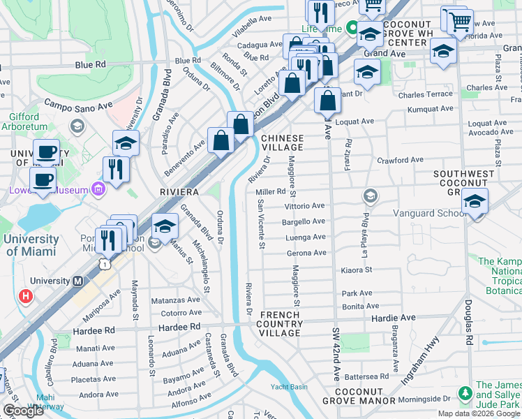 map of restaurants, bars, coffee shops, grocery stores, and more near 525 Vittorio Avenue in Coral Gables