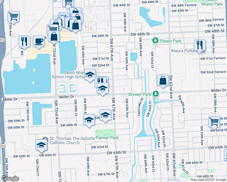 map of restaurants, bars, coffee shops, grocery stores, and more near 5500 Southwest 67th Avenue in Miami