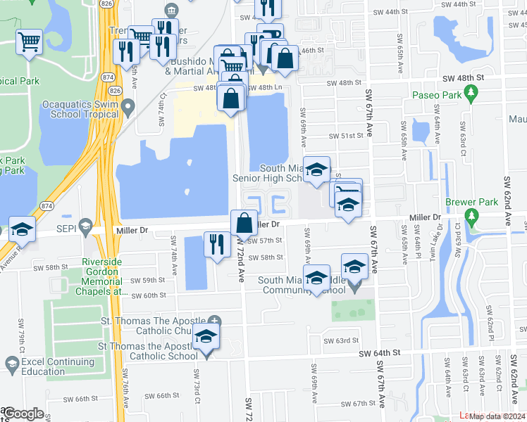 map of restaurants, bars, coffee shops, grocery stores, and more near 5541 Southwest 70th Place South in Miami