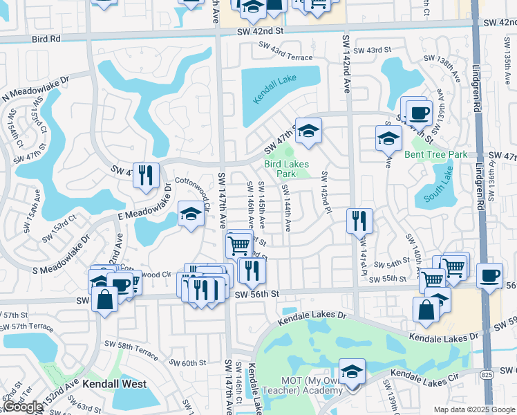 map of restaurants, bars, coffee shops, grocery stores, and more near 14450 Southwest 49th Street in Miami