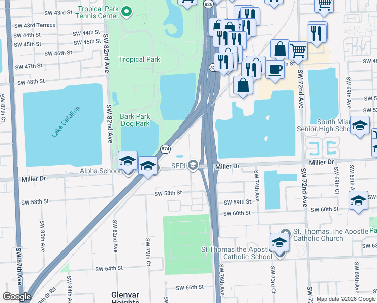 map of restaurants, bars, coffee shops, grocery stores, and more near 5500 Southwest 77th Court in Miami