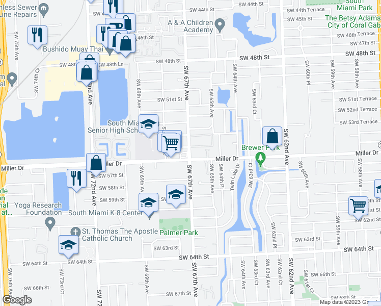 map of restaurants, bars, coffee shops, grocery stores, and more near 5555 Ludlam Road in Miami