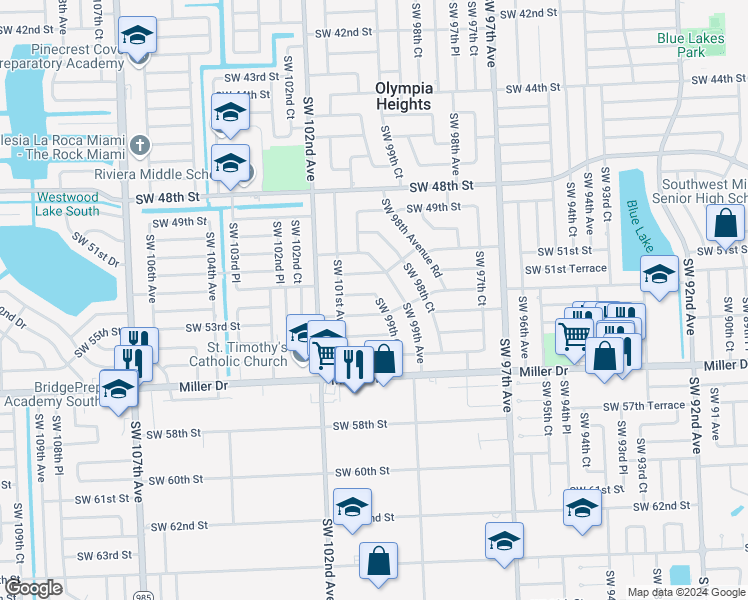 map of restaurants, bars, coffee shops, grocery stores, and more near 9960 Southwest 52nd Terrace in Miami