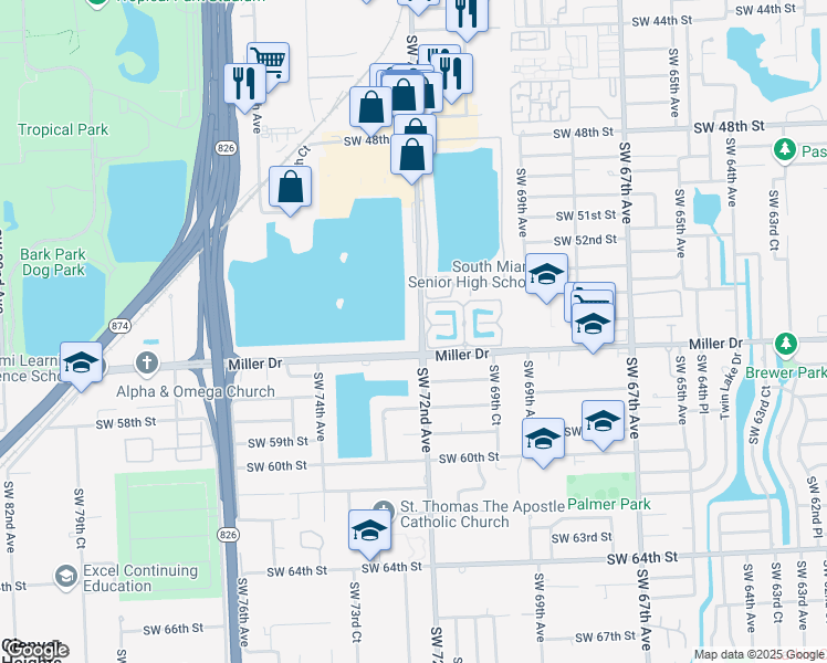 map of restaurants, bars, coffee shops, grocery stores, and more near 5520 Southwest 72nd Avenue in Miami