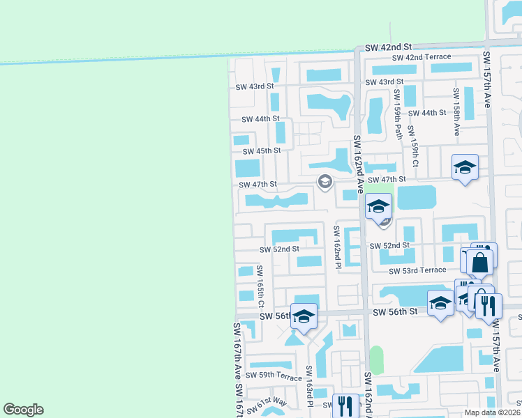 map of restaurants, bars, coffee shops, grocery stores, and more near 16537 Southwest 48th Terrace in Miami
