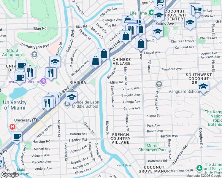 map of restaurants, bars, coffee shops, grocery stores, and more near 5521 Riviera Drive in Coral Gables