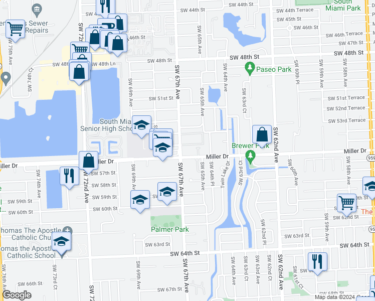 map of restaurants, bars, coffee shops, grocery stores, and more near 5510 Southwest 65th Court in Miami