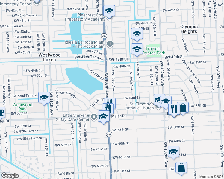 map of restaurants, bars, coffee shops, grocery stores, and more near 5130 Southwest 107th Avenue in Miami