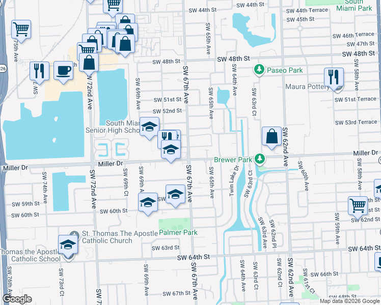 map of restaurants, bars, coffee shops, grocery stores, and more near 5555 Ludlam Road in Miami