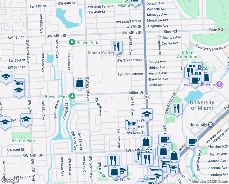 map of restaurants, bars, coffee shops, grocery stores, and more near 5901 Miller Drive in Miami