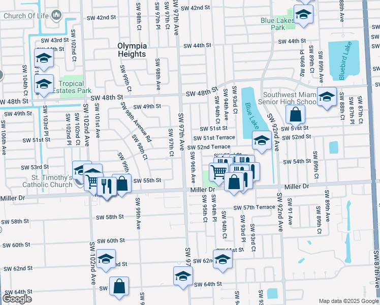 map of restaurants, bars, coffee shops, grocery stores, and more near 5310 SW 96th Ave in Miami