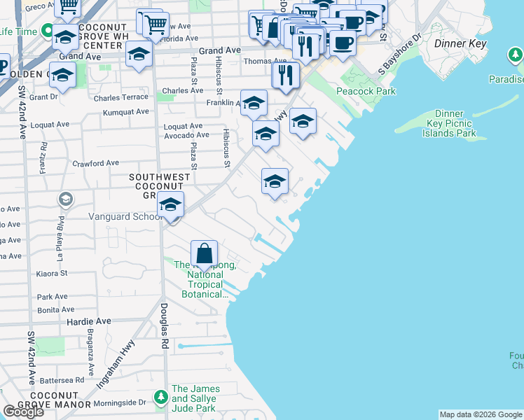 map of restaurants, bars, coffee shops, grocery stores, and more near 3399 Poinciana Avenue in Miami