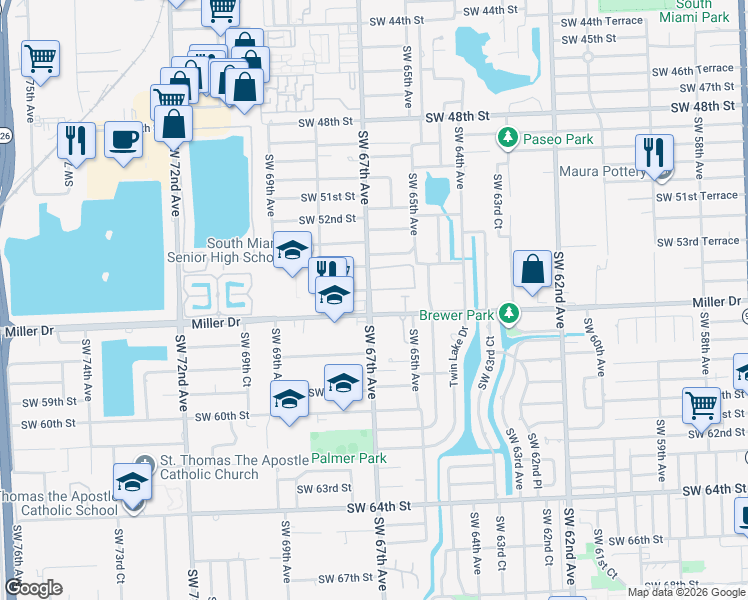 map of restaurants, bars, coffee shops, grocery stores, and more near 5500 Southwest 67th Avenue in Miami