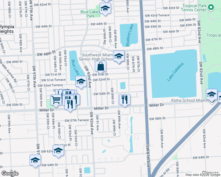 map of restaurants, bars, coffee shops, grocery stores, and more near 5312 Southwest 89th Court in Miami