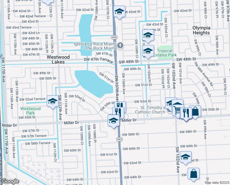 map of restaurants, bars, coffee shops, grocery stores, and more near 5130 Southwest 107th Avenue in Miami