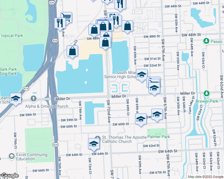 map of restaurants, bars, coffee shops, grocery stores, and more near 7160 Southwest 55th Terrace West in Miami