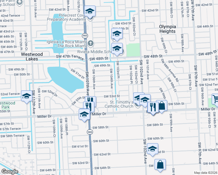 map of restaurants, bars, coffee shops, grocery stores, and more near 10410 Southwest 52nd Street in Miami
