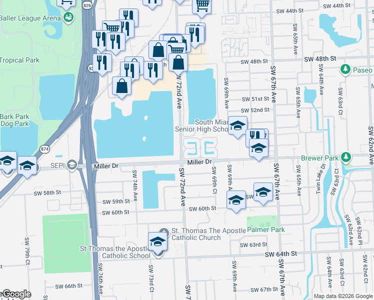 map of restaurants, bars, coffee shops, grocery stores, and more near 7170 Southwest 55th Terrace East in Miami